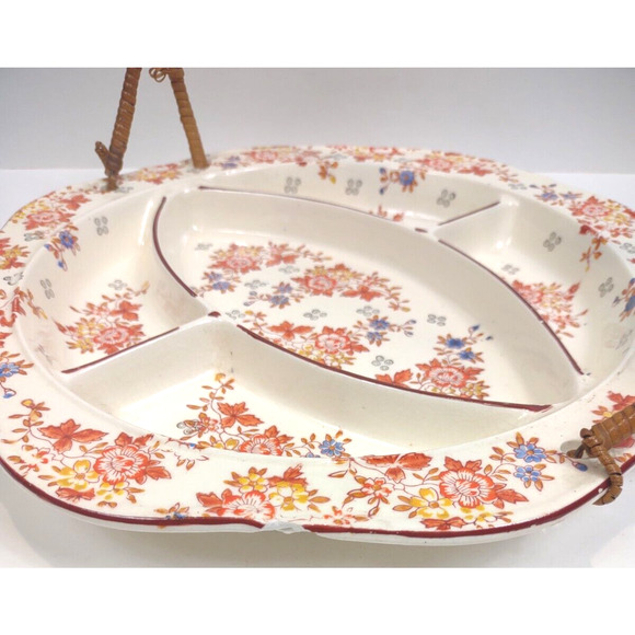 Antique Hand Painted Decorative Divided Plate Rattan Handle Made Japan Floral - Picture 10 of 10